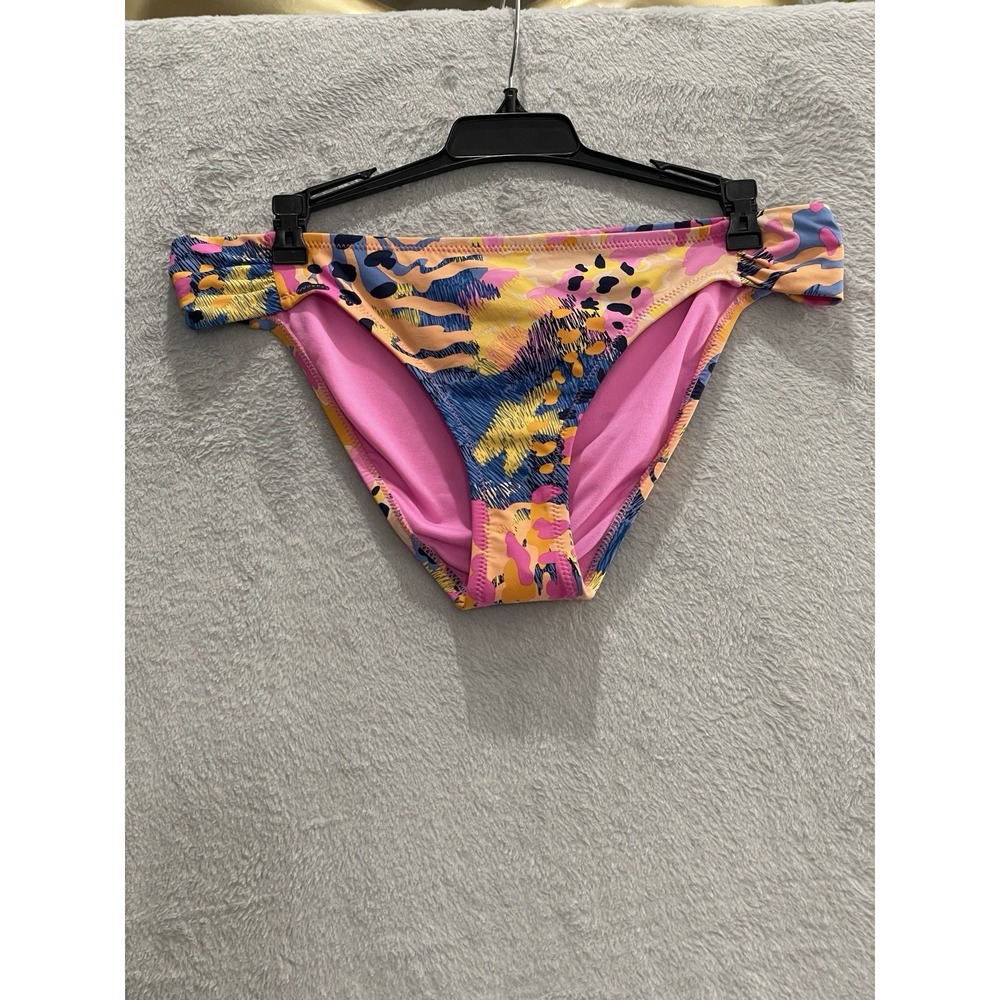 Jessica Simpson M Multicolor Abstract Print Ruched Side Bikini Bottom Pink Lined